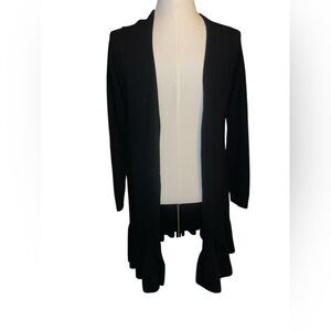 CAROLYN TAYLOR Ruffles Chic Black Open Front Cardigan Soft Long Sleeve